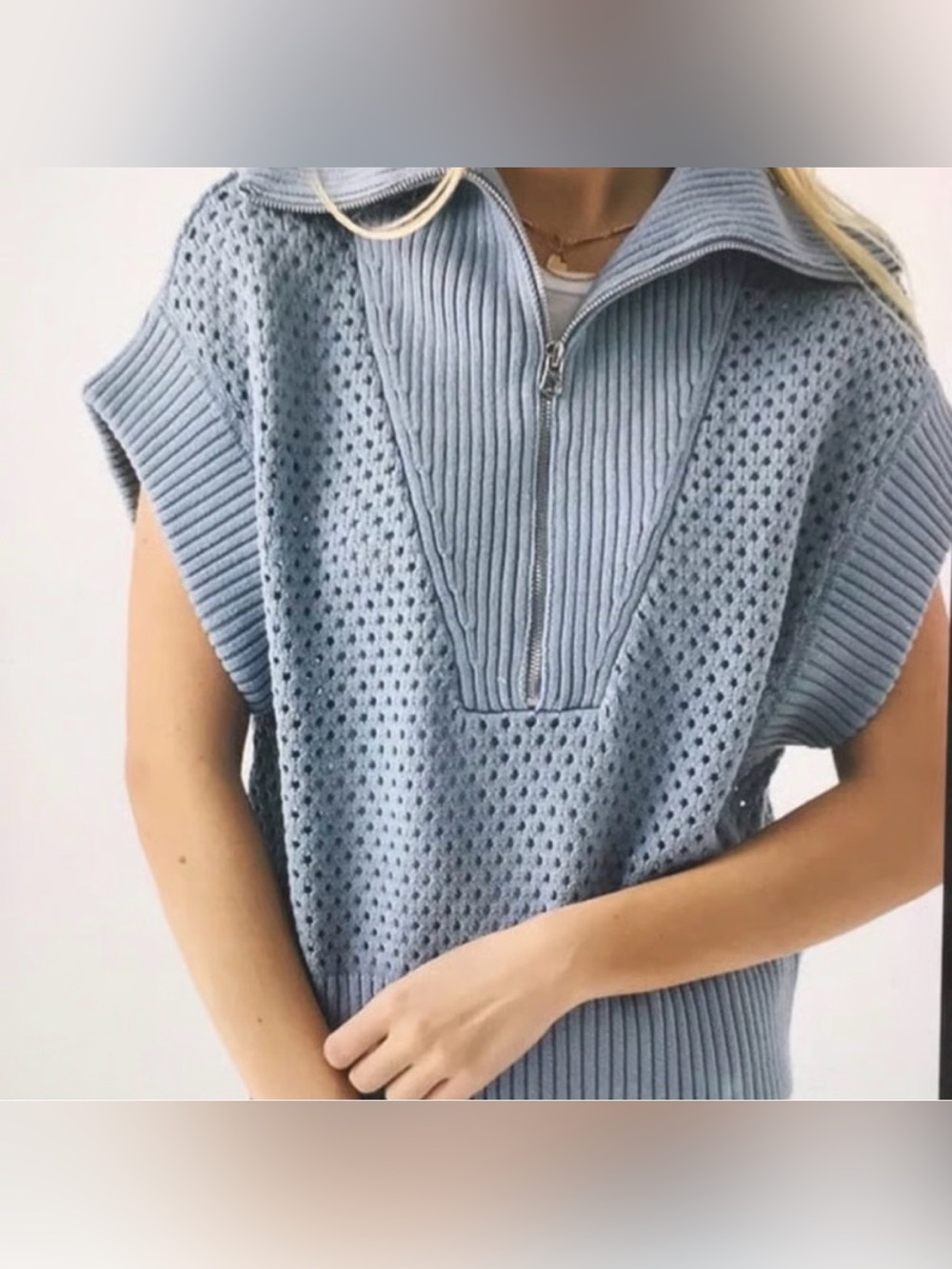 Magaschoni Light Blue Knit Half Zip-Front Women's Sweater
